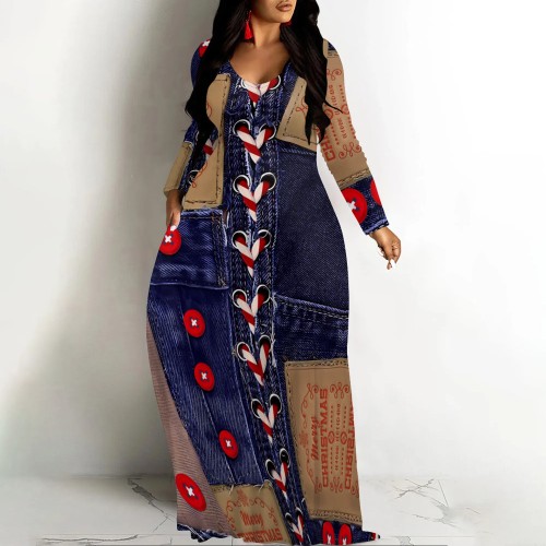 1 Piece Custom Casual Digital Printing V Neck Long Dresses