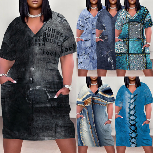 1 Piece Custom Casual Digital Printing V Neck Plus Size Midi Dresses