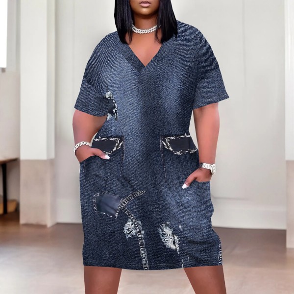 1 Piece Custom Casual Digital Printing V Neck Plus Size Midi Dresses