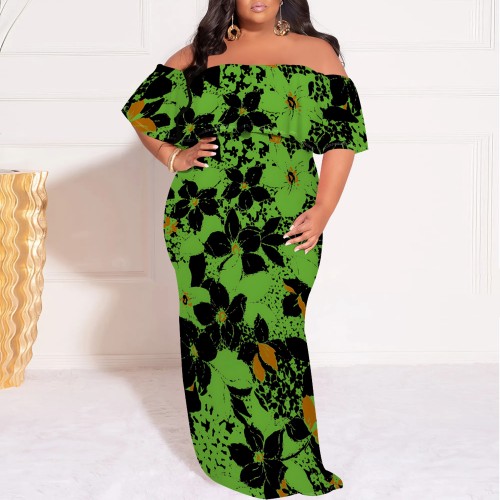1 Piece Custom Casual Digital Printing Off Shoulder Plus Size Long Dress