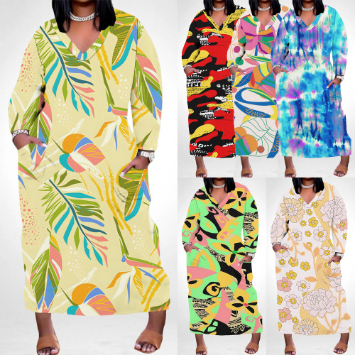 1 Piece Custom Casual Digital Printing V Neck Plus Size Maxi Dresses