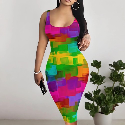 1 Piece Custom Casual Digital Printing U Neck Midi Dresses