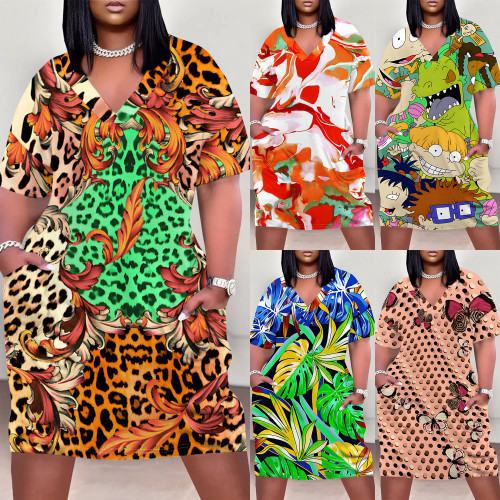 1 Piece Custom Casual Digital Printing V Neck Plus Size Midi Dresses