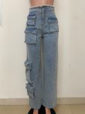 Washed Distressed Patchwork Jeans Straight Low-rise Denim Trousers