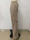 Spliced ​​Multi-zipper Elastic Drawstring Loose Straight Flared Pants