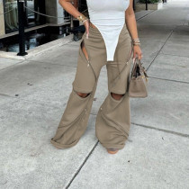 Spliced ​​Multi-zipper Elastic Drawstring Loose Straight Flared Pants