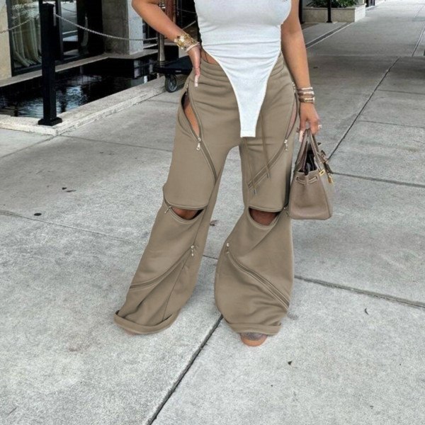 Spliced ​​Multi-zipper Elastic Drawstring Loose Straight Flared Pants