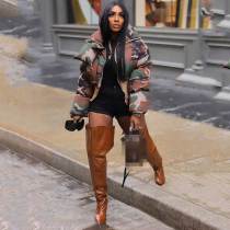 Vintage Camouflage Print Zip Up Crop Stand Collar Quilted Cotton Jacket