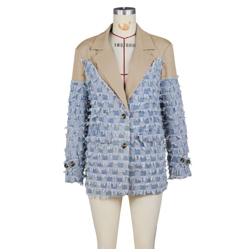 Casual Plaid Blazers V Neck Open Front Lapel Collar Patchwork Fringe Jackets Blazer
