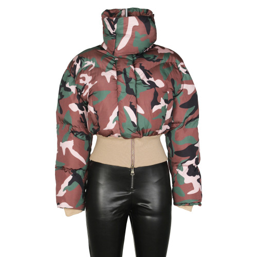 Vintage Camouflage Print Zip Up Crop Stand Collar Quilted Cotton Jacket