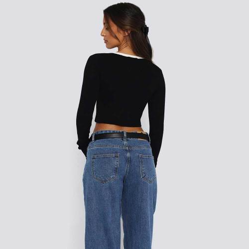 Women's Colorblock Crewneck Long Sleeve Button Down Crop Tee Tops