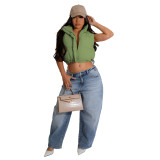 Solid Color Stand Collar Sleeveless Zipper Puff Vest Jacket