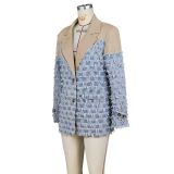 Casual Plaid Blazers V Neck Open Front Lapel Collar Patchwork Fringe Jackets Blazer