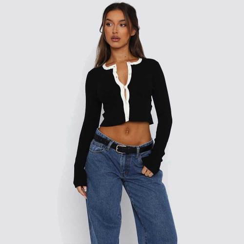Women's Colorblock Crewneck Long Sleeve Button Down Crop Tee Tops