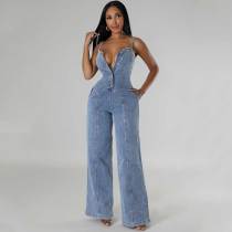Sexy Straps Denim Wide Leg Pants Jumpsuit