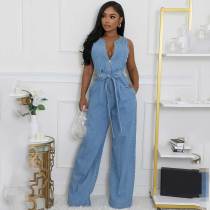 Tight Stretch Washed Denim Straight Loose Jumpsuit