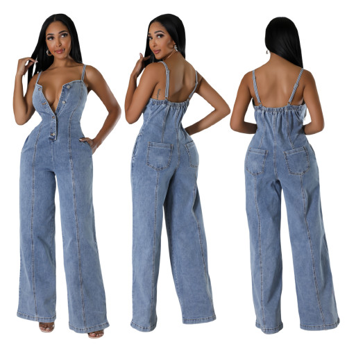 Sexy Straps Denim Wide Leg Pants Jumpsuit