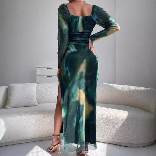 Off Shoulder Long Gradient Printed Vestidos Sexy Tight Cut Split Dress