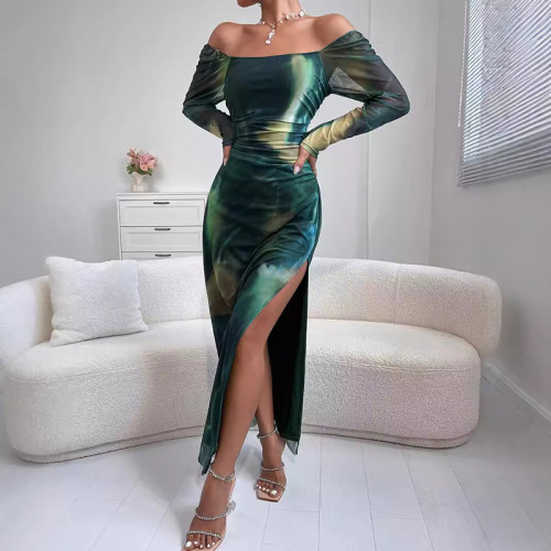 Off Shoulder Long Gradient Printed Vestidos Sexy Tight Cut Split Dress