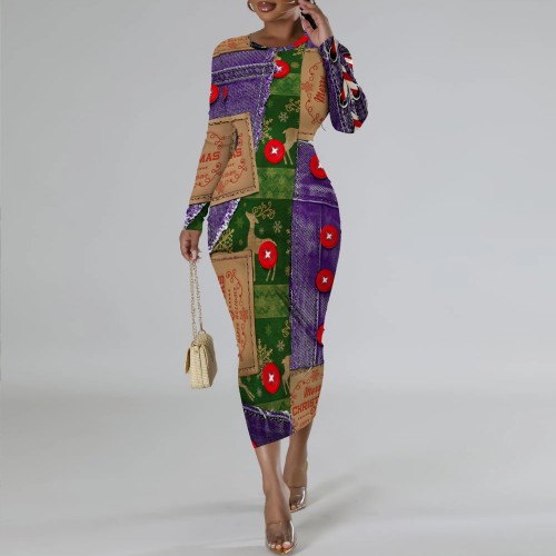 1 Piece Custom Casual Digital Printing Long Sleeve Christmas Midi Dresses