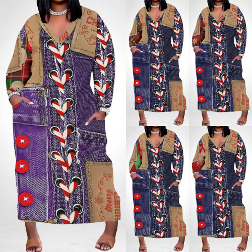 1 Piece Custom Casual Digital Printing V Neck Plus Size Christmas Maxi Dresses
