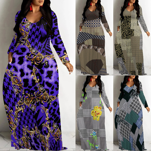 1 Piece Custom Casual Digital Printing Long Sleeve Maxi Dresses