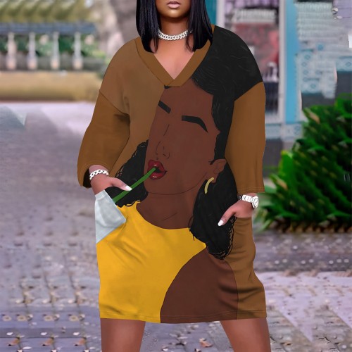 1 Piece Custom Casual Digital Printing V Neck Plus Size Midi Dresses