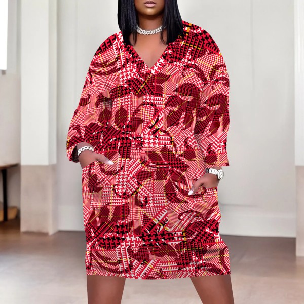 1 Piece Custom Casual Digital Printing V Neck Plus Size Midi Dresses