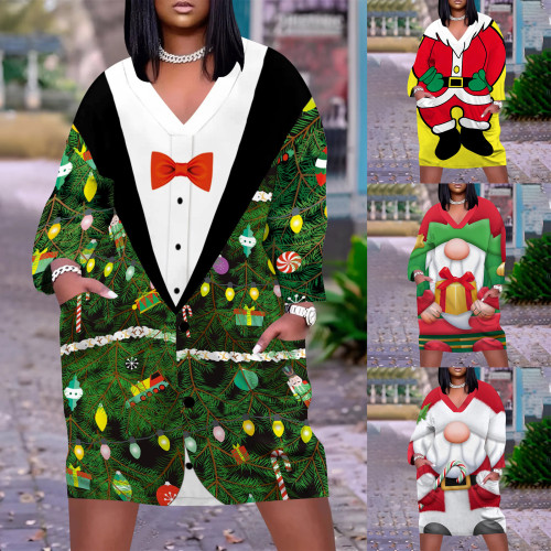 1 Piece Custom Casual Digital Printing Christmas V Neck Plus Size Midi Dresses