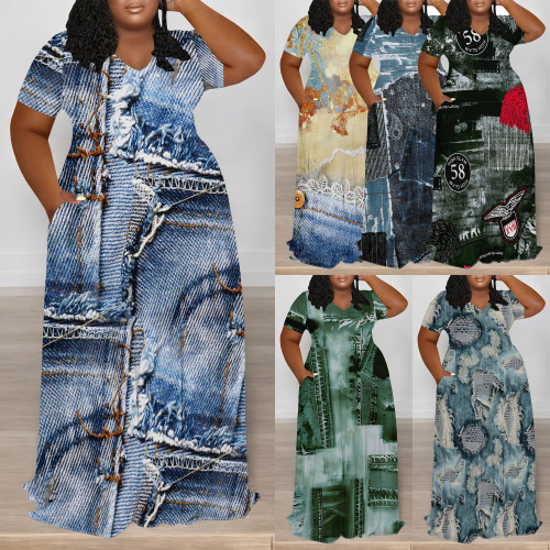 1 Piece Custom Casual Digital Printing V Neck Plus Size Maxi Dresses