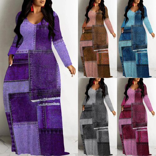 1 Piece Custom Casual Digital Printing V Neck Long Sleeve Maxi Dresses