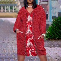 1 Piece Custom Casual Digital Printing Christmas V Neck Plus Size Midi Dresses