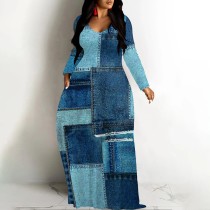 1 Piece Custom Casual Digital Printing V Neck Long Sleeve Maxi Dresses