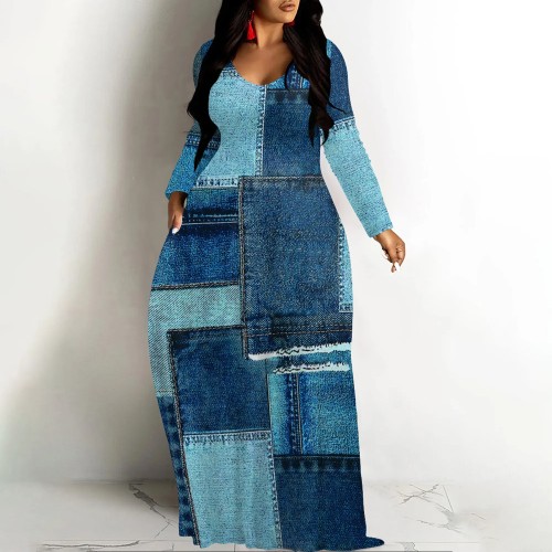 1 Piece Custom Casual Digital Printing V Neck Long Sleeve Maxi Dresses