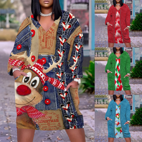 1 Piece Custom Casual Digital Printing Christmas V Neck Plus Size Midi Dresses
