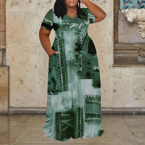 1 Piece Custom Casual Digital Printing V Neck Plus Size Maxi Dresses