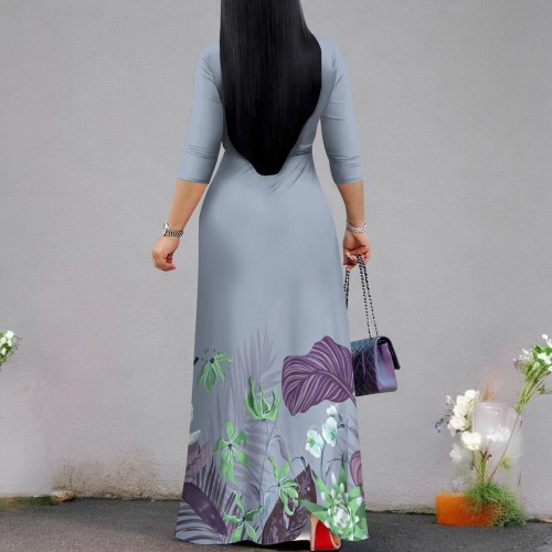 1 Piece Custom Casual Digital Printing V Neck Long Sleeve Maxi Dresses
