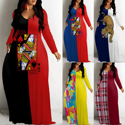 1 Piece Custom Casual Digital Printing V Neck Long Sleeve Maxi Dresses