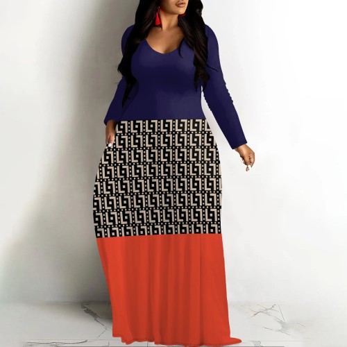 1 Piece Custom Casual Digital Printing V Neck Long Sleeve Maxi Dresses
