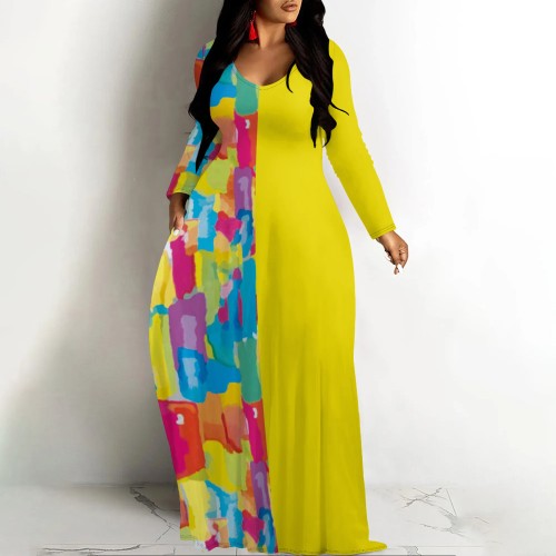 1 Piece Custom Casual Digital Printing V Neck Long Sleeve Maxi Dresses