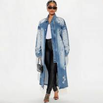 Autumn Denim Jacket Street Fashion Cross Embroidery Long Windbreaker