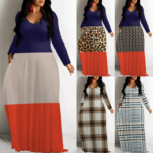 1 Piece Custom Casual Digital Printing V Neck Long Sleeve Maxi Dresses