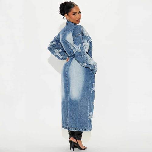 Autumn Denim Jacket Street Fashion Cross Embroidery Long Windbreaker
