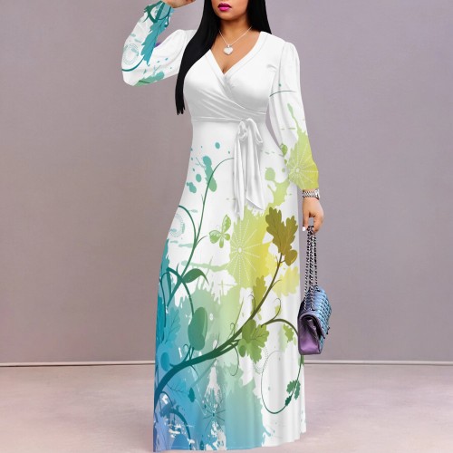 1 Piece Custom Casual Digital Printing V Neck Long Sleeve Maxi Dresses