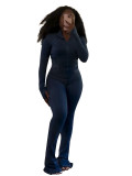 Casual Tight Long Sleeve Zipper High Neck Flared Two Piece