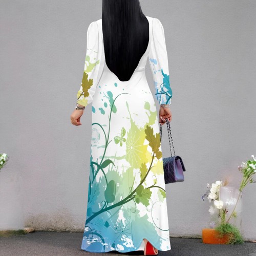 1 Piece Custom Casual Digital Printing V Neck Long Sleeve Maxi Dresses