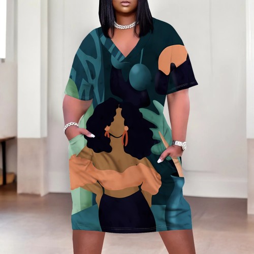 1 Piece Custom Casual Digital Printing V Neck Plus Size Midi Dresses