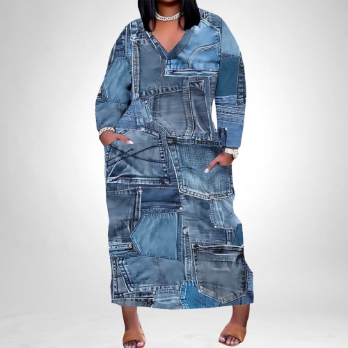 1 Piece Custom Casual Digital Printing V Neck Plus Size Long Dresses
