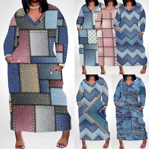 1 Piece Custom Casual Digital Printing V Neck Plus Size Long Dresses