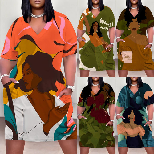 1 Piece Custom Casual Digital Printing V Neck Plus Size Midi Dresses